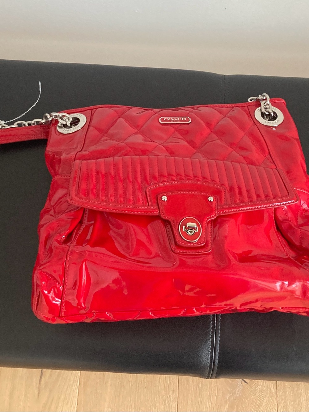 Coach Red Patent Quilted Boho Shoulder Bag with Chain Strap